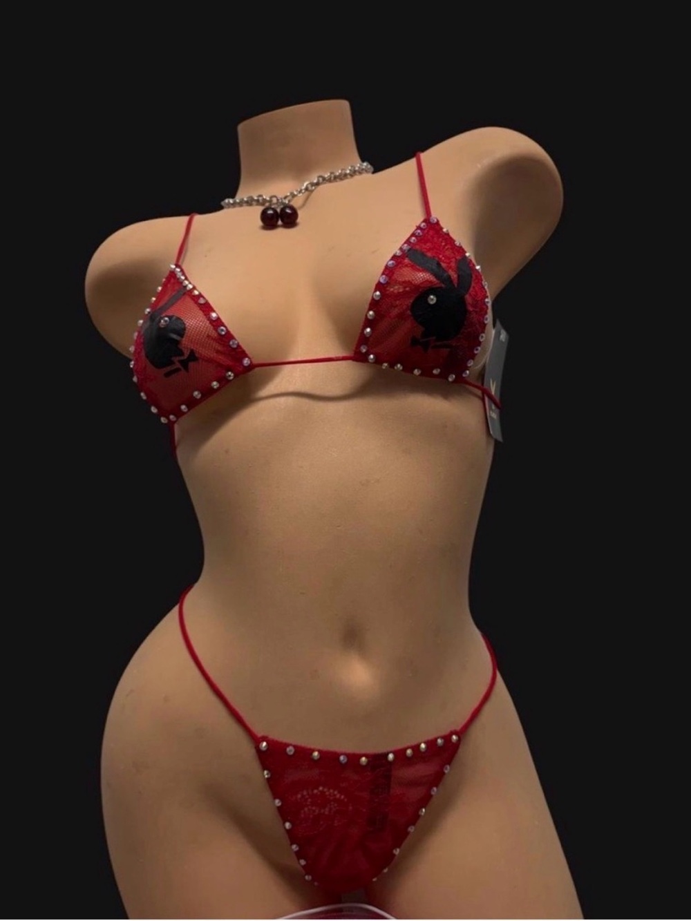 Red Lace Studded Micro Bikini Set